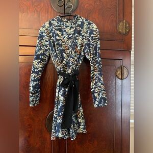 Zara Navy Floral Long Sleeve Dress with Black Tie